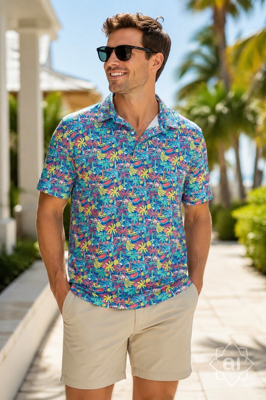 Chubbies‎ Polo Shirt Men’s Medium Tropical Palm Print Performance Stretch Golf